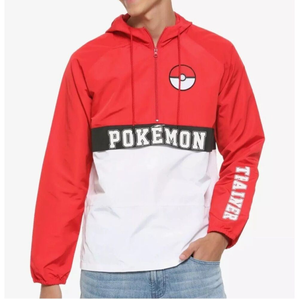 Pokemon | Men's Trainer Anorak Windbreaker Hooded Jacket Size XS Red & White